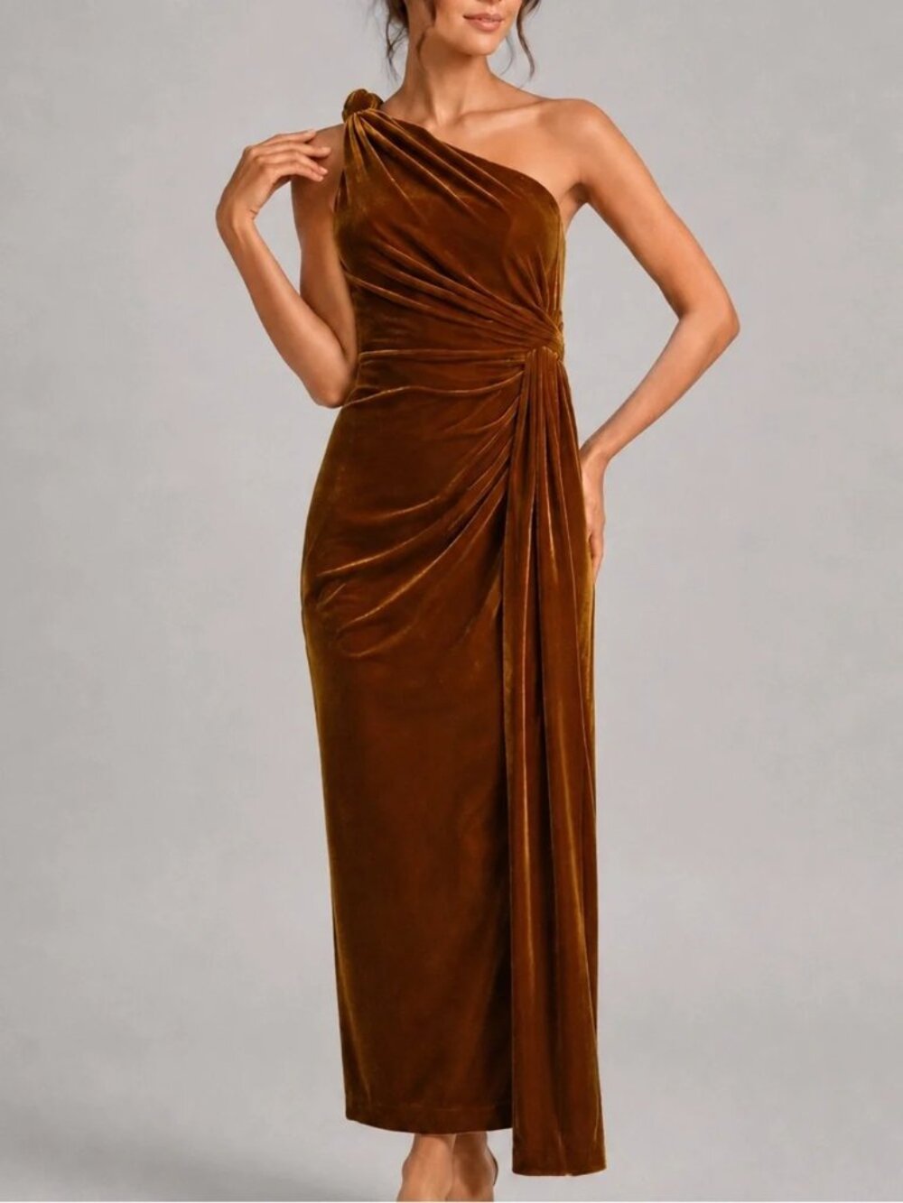 NWT! Muse by Marchesa Ayla Mustard Velvet One Shoulder Draped Maxi Dress Size 10